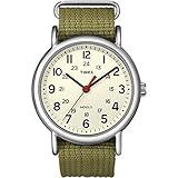 Timex Unisex Weekender 38mm Watch – Silver-Tone Case Cream Dial with Olive Fabric Slip-Thru Strap