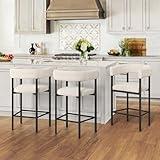 LUE BONA Barrel Bar Stools Set of 3, 26‘’ Modern Barstools with Arms & Metal Frame, Linen Counter Height Bar Stools, Upholstered Barstool with Curved Backrest for Kitchen, Linen Color