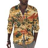 Western Cowboy A Print Mens Long Sleeve Shirts, Stretch Casual Mens Button Down Shirts Regular Fit Multicolor