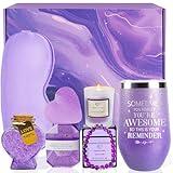 Birthday Spa Gift Basket for Women Purple - Relaxing Self Care Gift Box for Women Bath Set with Shiny Wine Tumbler for Her Mom Wife Girlfriend Sisters Christmas Gift Ideas