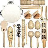 Musical Instruments Set, 15PCS Natural Wooden Percussion Tambourine Maracas Bells Instruments, Educational Music Kit with Storage Bag Birthday