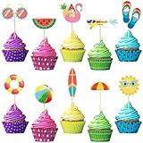 100 Pcs Summer Beach Cupcake Toppers Pool Party Cupcake Picks Hawaii Theme Cake Insert Decorations for Tropical Beach Pool Swimming Hawaii Theme Birthday Baby Shower Wedding Party Supplies