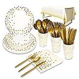 176 Pieces Gold Disposable Party Dinnerware Set &Golden Dot Disposable Party Dinnerware - Black Paper Plates Napkins Cups, Gold Plastic Forks Knives Spoons