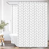 Riyidecor Clawfoot Tub Chevron Shower Curtain 180x70 Inch Bathtub All Around Wrap Around White Grey Gray Herringbone Round Freestanding Surround Oval Polyester Fabric Extra Wide with 32 Metal Hooks