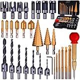 Rocaris 32 Pack Woodworking Chamfer Drilling Tools, Including Countersink Drill Bits, L-Wrench, Wood Plug Cutter, Step Bit, Center Punch, Cutting Twist Bits