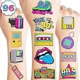 90s 80s Theme Temporary Tattoos Birthday Party Decorations Favors Supplies 8 Sheets 96 PCS Retro Super Cute Fake Tattoo Stickers Party Gifts for Kids Children Girls Boys Home Activity School Rewards