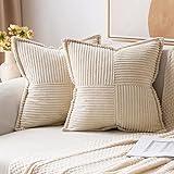 MIULEE Corduroy Pillow Covers with Splicing Set of 2 Super Soft Boho Striped Pillow Covers Broadside Decorative Spring Christmas Throw Pillows for Couch Cushion Livingroom 18x18 inch, Beige