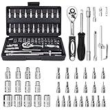 Okumoe Socket Set, 46PCS 1/4 Inch Wrench Set, Ratchet Wrenches Set with CR-V Sockets Metric & Extension Bar for Automotive Repair & Home Use, Ratchet Set with Hard Storage Case