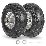 GICOOL 4.10/3.50-4" Flat Free Tire and Wheel, 10" Heavy Duty Solid Tire, 5/8" Axle Bore Hole, 2.2" Offset Hub, for Hand Truck Garden Cart Wagon Trolley Dolly, 2 Pack