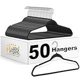 Quality Hangers 50 Pack Slim Plastic Hangers for Clothes - Heavy Duty Non-Velvet Black Hangers with 360° Swivel Chrome Hook & Non Slip Notches - Ideal for Dresses Coats Shirts Jackets & More - Black