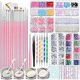 FANDAMEI Nail Art Brushes Set, Nail Art Kit, Nail Design Kit, Nail Dotting Tools, Nail Kit for Beginners, Chrome Nail Powder, Nail Stickers, Nail Rhinestones, Nail Charms Gems Nail Art Decoration Kit
