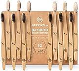 Greenzla Biodegradable Bamboo Toothbrushes, 12 Pack Sturdy BPA Free Soft Bristles Toothbrushes for Adults with Toothbrush Travel Case & Charcoal Dental Floss, Organic & Compostable Wooden Toothbrushes