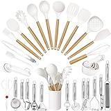 Cooking Utensils Set- 35 PCs Kitchen Utensils with Grater,Tongs, Spoon Spatula &Turner Made of Heat Resistant Food Grade Silicone and Wooden Handles Kitchen Gadgets Tools Set for Cookware