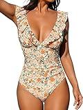 CUPSHE One Piece Swimsuit for Women Deep V Neck Ruffle Tummy Control Back Tie Floral Print Bathing Suits