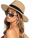 FURTALK Womens Mens Wide Brim Straw Panama Hat Fedora Summer Beach Sun Hats UPF Straw Hat for Women Khaki