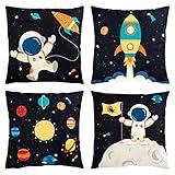 Juvale 4 Pack Spaceship Decorative Kids Throw Pillow Covers, 4 Designs, Astronaut, Rocket Ship, Galaxy Theme (18 x 18 in)