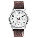 Timex Men's Easy Reader 35mm Day-Date Watch – Silver-Tone Case White Dial with Dark Brown Leather Strap
