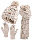 Winter Beanie Hat Scarf Gloves Set for Women, Pom Pom Fleece Lined Hat Knit Touchscreen Gloves