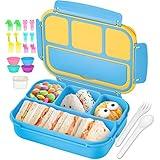 QQKO Bento Lunch Boxes with 4 Compartments, Sauce Container, Utensils, Food Picks and Muffin Cups for School or Adults, Blue