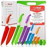 EatNeat 12-Piece Knife Set – Chef, Bread, Carving, Utility & Paring Knives with Sheaths, Sharpener & Cutting Board – Non-Stick Stainless Steel, Ergonomic, Dishwasher Safe – Ideal for Home, RV & Gift