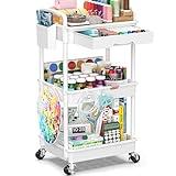 EaseSky 3-Tier Rolling Cart with Drawer & Lockable Wheels, Plastic Shelf Storage Organizer Cart – Easy Assembly, Waterproof Design for Kitchen, Bathroom, Office, White