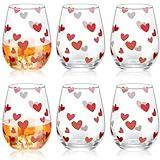 Maxcheck 6 Pack 16 oz Heart Valentine's Day Wine Glass Set Valentine's Day Stemless Glasses with Hearts Designs for Valentine's Day Party and Celebrations Valentine's Day Gift