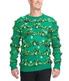 Tipsy Elves Men's Ugly Christmas Sweaters - Funny and Tacky Embellished Christmas Sweaters for Men - Green Gaudy Garland Christmas Sweater with Tinsel and Ornaments Size Small