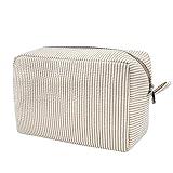 GFU Cosmetic Bags for Women, Seersucker Cosmetic Bag, Travel Toiletry Stripe Makeup Bag, Large Women Aesthetic Organizer Storage Pouch, Girls Handbags Purses, brown