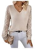 GORGLITTER Women's Hollow Out Sweater V Neck Long Sleeve Knit Pullover Top Fall Fashion Beige X-Large