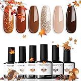modelones Gel Nail Polish Set, 6 Colors 2025 Fall Winter Thanksgiving Neutral Nude Brown Gel Polish Maroon Caramel Burgundy Champane Gold Glitter Nail Polish Cherry Mocha Soak OFF LED DIY Kit Gift