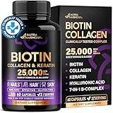 Biotin | Collagen | Keratin - Clinically Tested Supplement - Hair Growth Support - Skin & Nails Complex 25000 mcg - Hyaluronic Acid | B2 | B3 | B6 | B7 - Made in USA - For Women & Men | 60 Capsules