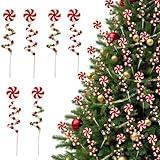 6pcs Candy Cane Christmas Tree Picks Decoration Red White Green Tree Topper Curly Picks Spray Ornaments for Xmas Home Vase Wreath Holiday Party