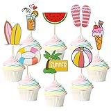 Cyodoos 48Pcs Summer Beach Hawaii Cupcake Toppers Watermelon Ice Scream Palm Tree Surfboard Swimming Pool Ball Slipper Cupcake Picks Baby Shower Summer Theme Birthday Party Cake Decorations