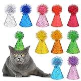 KALIONE 10 Packs Cat Birthday Hat, Dog Party Hats, Multi-color Cat Hats, Mini Party Hats, Cute Puppy Hat with Pompons, Adjustable Headbands Birthday Hats for Kittens Rabbits Dogs Small Animals Friends