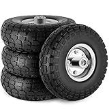 4 Pcs 4.10/3.50-4" Tire and Wheel Flat Free, 10 Inch Solid Rubber Tires with 5/8" Axle Bore Hole, 2.2" Offset Hub for Hand Truck, Wheelbarrow, Gorilla Cart, Garden Wagon Cart, Dolly, Utility Cart