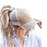 ProMindFun Womens Ponytail High Messy Bun Hats Distressed Baseball Caps Unconstructed Washed Dad Hat Girls Trucker Ponycaps (03-Light Khaki)