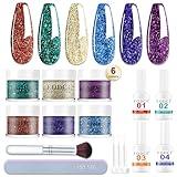 Eodci 12 Pcs Dip Powder Nail Kit Starter, 6 Colors Glitter Blue Starry Green Sparkle Purple Dipping Powder Kit with Base & Top Coat, Nail Art Dip Manicure Kits for Women