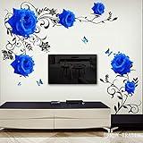 DERUN TRADING Blue Rose Flower Wall Stickers Decals Decor Murals Peel and Stick for Living Women Girls Nursery Room Bedroom Home Improvement Paint Wall Treatments Vinyl Removable Mural Paper