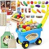 Kids Shopping Cart, Grocery Store Pretend Play Food Toys and Accessories with NO Assembled Trolley for Toddlers Boys Girls 3 4 5 Year Old