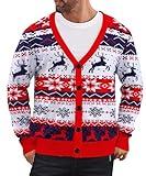 ZenGents Ugly Red Christmas Sweater for Men Reindeer V Neck Cardigan Xmas Knit Loose Button Up Funny Office Apparel Jumper Size L