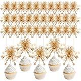 Yymobt 30PCS Foil Firework Cupcake Toppers Gold Sparkle Cake Decorations for Birthdays, Weddings, Graduation Parties – Non-Edible Food-Safe Toothpicks