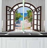 Ambesonne Beach Kitchen Curtains, Ocean Sea View from Summer Season Italian Design in Garden Image, Window Drapes 2 Panel Set for Kitchen Cafe Decor, 55" x 36", White Blue