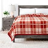 Poyet Motte Rivoli Solid 400GSM 100% Virgin Wool Blanket, Medium/Heavy Weight, Machine Washable (Red/Natural Plaid, Twin Size)