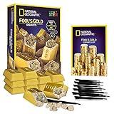 NATIONAL GEOGRAPHIC Fool’s Gold Dig Kit – 12 Gold Bar Dig Bricks with 2-3 Pyrite Specimens Inside, Party Favors with 12 Excavation Tool Sets, Great STEM Toy Stocking Stuffer for Boys & Girls