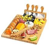 RoyalHouse Unique Bamboo Cheese Board and Knife Set - Charcuterie Boards Set & Cheese Platter, Serving Tray for Crackers, Meat, and Wine - Anniversary, Wedding