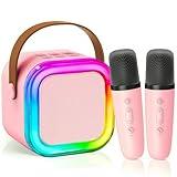 Mini Karaoke Machine for Kids Girls Boys,Birthday Gifts for Ages 4 5 6 7 8+ Year Old,【2025 Newest】 Portable Bluetooth Speaker with 2 Wireless Microphone Lights,Voice Changer,AUX/TF Card Support，Pink