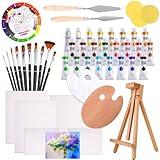 J MARK 48pc Deluxe Painting Kits for Adults - Includes Adjustable Wood Easel, Thick Canvases, Acrylic Paints, Brushes Set,Wooden and Plastic Palettes, 2 Painting Knives, 3 Sponges, Color Mixing Wheel