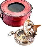 Antique Push Button Brass Sundial Compass with Leather Case – Nautical Collectible Compass for Camping, Hiking & Travel