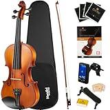 Mendini By Cecilio Violin 4/4 Full Size For Beginners - Fiddle Solidwood Kit with Hard Case - Acoustic Violins with Bow, Rosin, Tuner, Extra Strings & Bridge, Shoulder Rest and Lesson Book