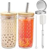 ASANMEYO 2 Pcs Glass Cups Set - 24oz Mason Jar Drinking Glasses with Bamboo Lids & Straws & 2 Airtight Lids, Cute Reusable Smoothie cup, Iced Coffee Glasses, Travel Tumbler for Bubble Tea, Juice